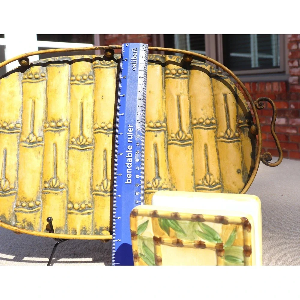 Vintage Bamboo Themed Tableware Metal Serving Tray and Ceramic Napkin Holder